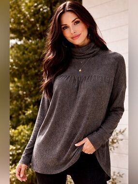 Maeve Anthropologie Charcoal Flecked Textured Turtleneck Tunic Top L Cozy